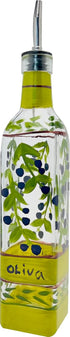 16 oz Hand Painted Glass Oliva Branch Oil/Vinegar Glass Cruet for Kitchen, Olive Oil Dispenser With Stainless Steel