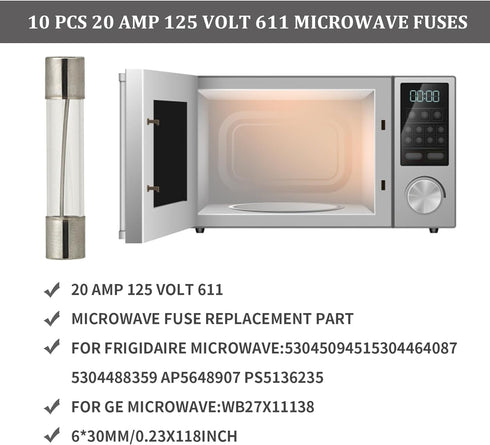 Replacement Microwave Fuse (20 Amp 125 Volt) and Microswitch for GE Frigidaire Ovens, Compatible Parts