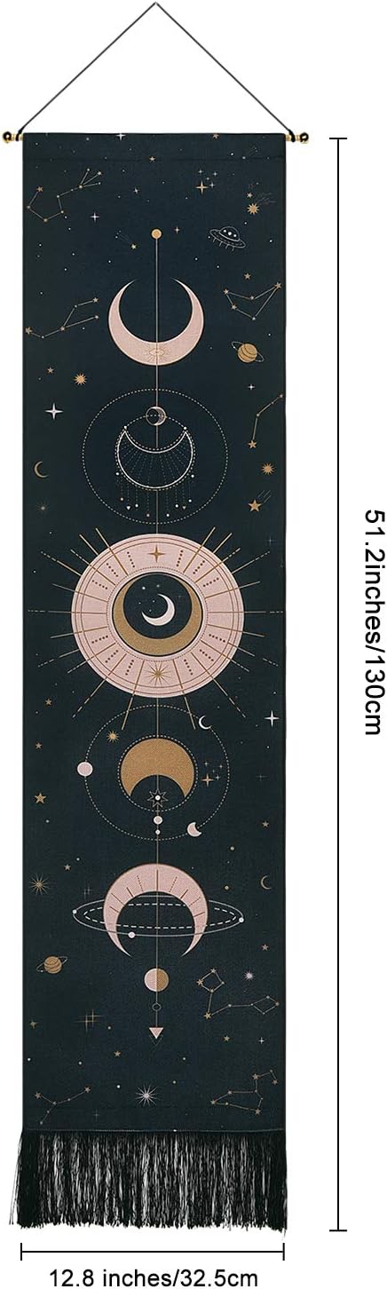 Lyacmy Moon Phase Wall Hanging Art, Bohemian Tapestry for Room (Black, 12.8 x 51.2 inches)