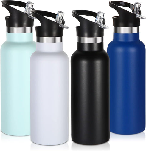 Volhoply 17oz Insulated Water Bottle Bulk 4 Pack, Stainless Steel Kids Water Bottles with Straw Lid, Reusable Metal