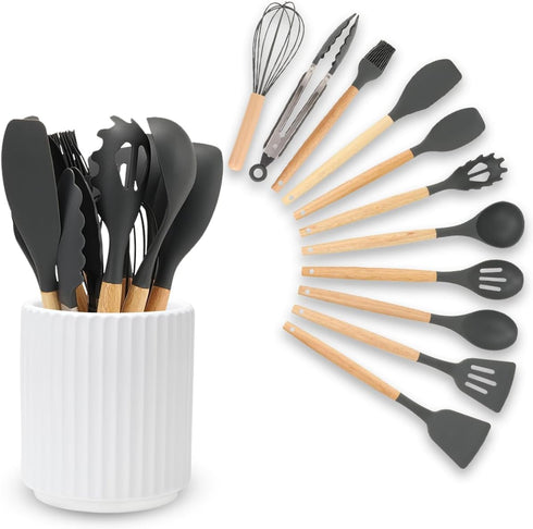Small Ceramic Utensil Holder for Kitchen Counter (H5.51” x W4.92”), Includes Silicone Drying Mat (Black)