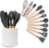 Small Ceramic Utensil Holder for Kitchen Counter (H5.51” x W4.92”), Includes Silicone Drying Mat (Black)