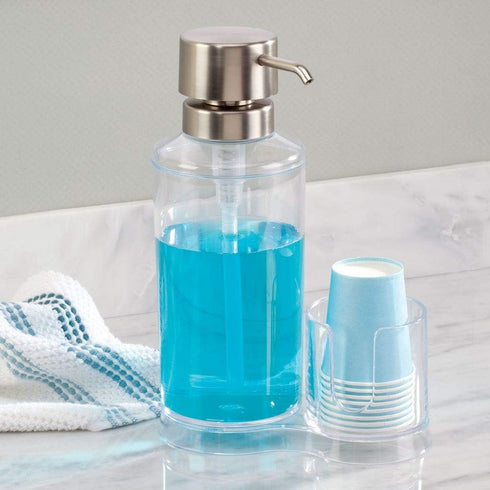 6.25 3.5 9.25, iDesign Mouthwash Dispenser Pump with Attached Paper Cup Holder Caddy, The Clarity Collection x x Clear