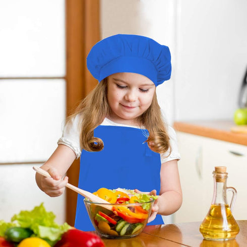 Kids Adjustable Cotton Apron and Chef Hat Set, Blue Kitchen Bib Aprons for Cooking Baking Painting