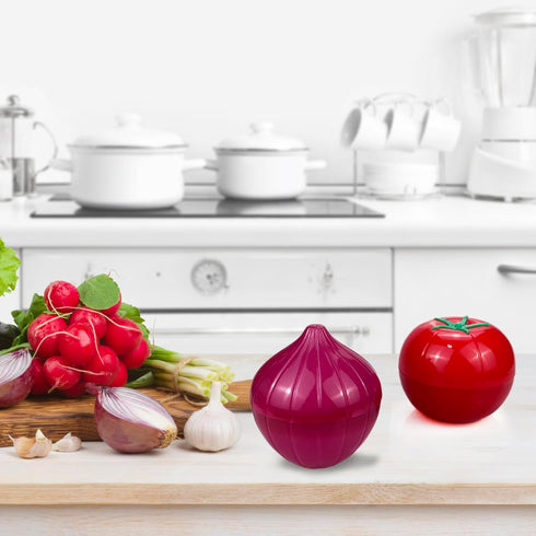 Vegetable and Fruit Storage Containers for Refrigerator, Pack of 2 Tomato and Onion Shaped Food Storage with Lids