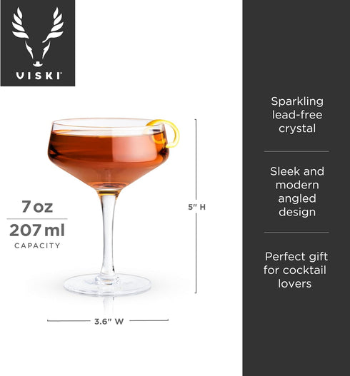 Viski Raye Set of 2 Angled Stemmed Crystal Coupe Cocktail Glasses, 7oz, Drinkware Set