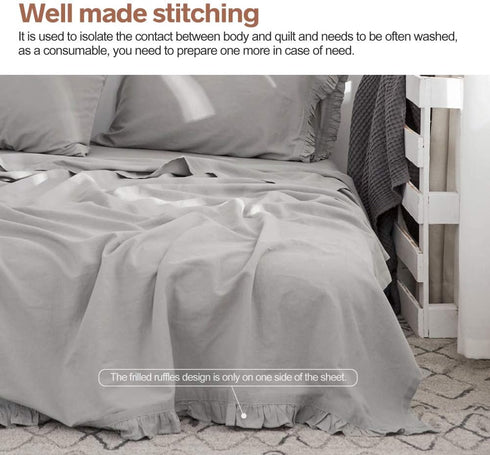 55% 45% BISELINA Linen Sheet French Flax Flat Sheet with Pleated Ruffles Euro Linen Cotton Solid Color Soft Breathable