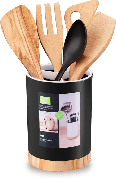 Kitchen Utensil Holder, Tableware Storage Bucket with Removable Divider and Wooden Base