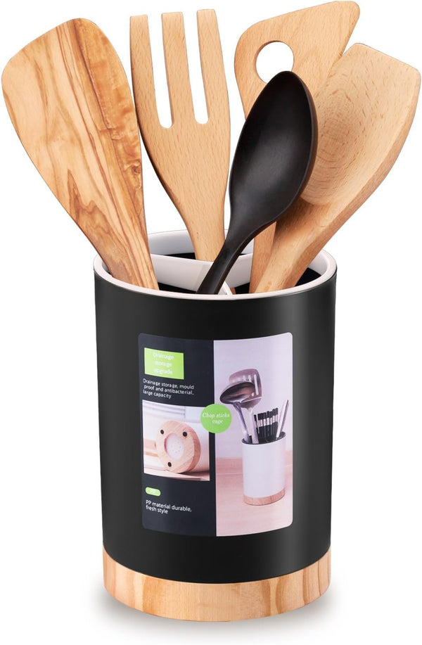 Kitchen Utensil Holder, Tableware Storage Bucket with Removable Divider and Wooden Base