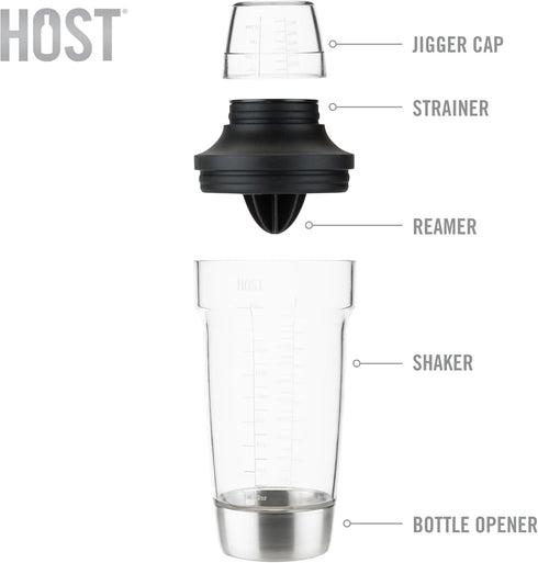 Host All in One Cocktail Shaker Set with Measurements, Reamer, Bottle Opener, Strainer, Jigger, 18 oz