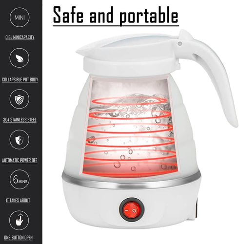 Foldable Electric Travel Kettle - Portable Silicone Collapsible Water Boiler and Tea Pot for Camping, White