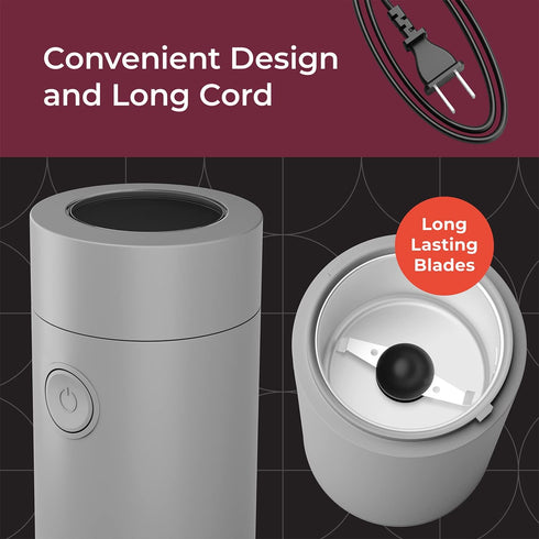 MuellerLiving Electric Coffee Grinder - Spice, Nut, Herbs, Coffee Beans, Sharp Blade, Stainless Steel - Gray.