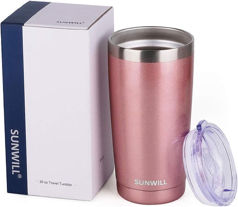 SUNWILL 20 oz Travel Coffee Tumbler, Insulated Mug with Lid, Stainless Steel Cup, Rose Gold