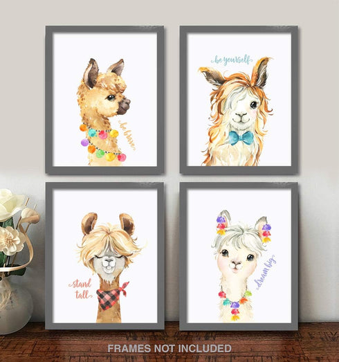 Confetti Fox Llama Nursery Wall Art Decor - 8x10 Unframed Set of 4 Prints, Kids Cute Alpaca Pictures