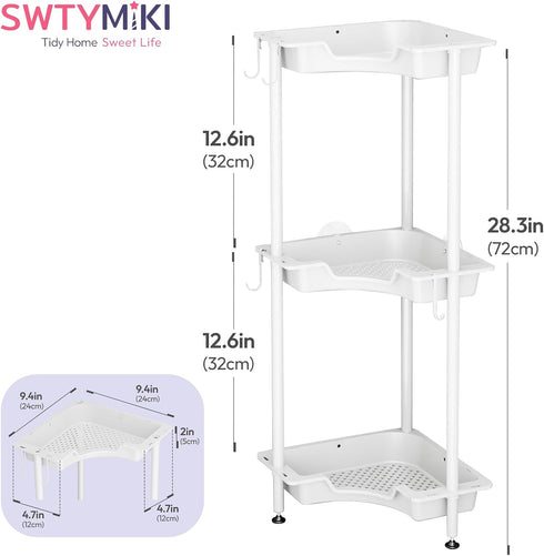 3 4 SWTYMIKI Corner Shower Caddy Standing - Tier Floor Standing Shower Organizer with Hooks, Plastic & Stainless Steel