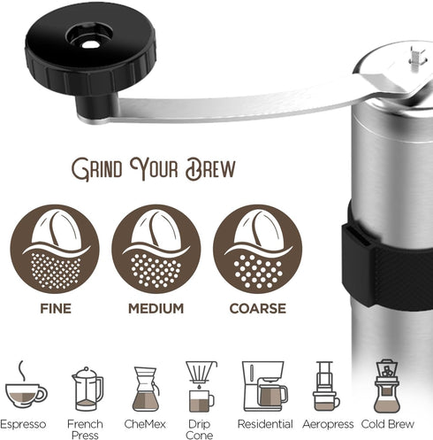 Manual Coffee Grinder — Stainless Steel Conical Burr Coffee Bean Grinder with Hand Crank, 18 Adjustable Settings