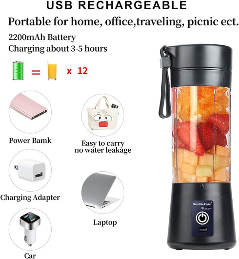 Portable Blender Cup, Electric USB Mini Juicer Blender for Shakes and Smoothies, Juice, 380ml, Six Blades Great for