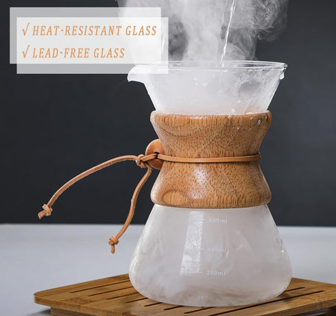 Pour Over Coffee Maker | 600ml/20oz Borosilicate Glass Carafe with Reusable Stainless Steel Drip Filter for 1-4 Cup