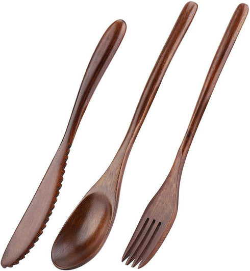 3Pcs Wooden Spoon Fork Knife Cutlery Set, Japanese Reusable Bamboo Cutlery Set