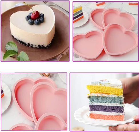 6 Inch Silicone Heart Shaped Cake Baking Pans, Non-Stick Layer Pan Set with 4 Flexible Molds & Measuring Cups