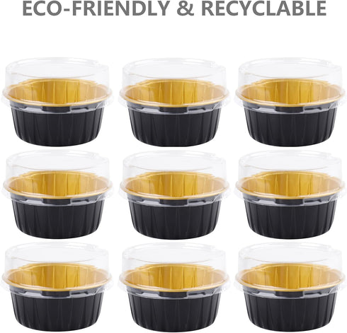 DEAYOU 100 Pieces Baking Cups with Lids, 3" Cupcake Tin Pan Holder for Pudding, Souffle, Party, Wedding - Black Gold