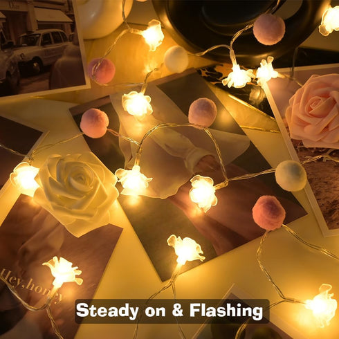 ChiRee 9.85Ft 20 20 String Lights Cute Pink Pompoms LEDs Rose Fairy Lights Garland Battey Operated with Timer Flower