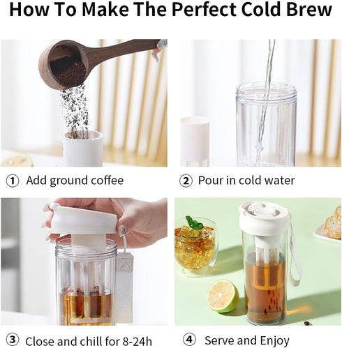 Cold Brew Coffee Maker Travel Tumbler with Soft Silicone Handle, Portable Iced Coffee Cup, 17oz Black