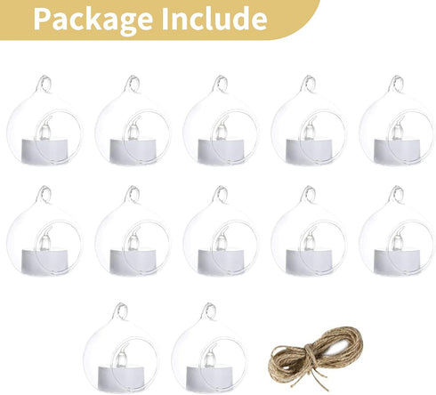 NUPTIO Set of 12 Hanging Glass Globe Candle Holders with LED Tea Lights - 2.36 inch Clear Votive for Party Decoration