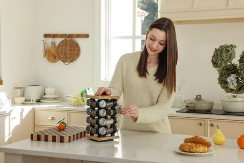 16 5-Year Countertop Orii Jar Rotating Bamboo Spice Rack with Spices Included & Spice Refill Program Compact Spice Rack
