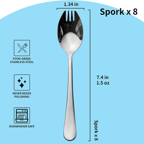 8-Pack 7.4 Inches Alata Sporks, Food-grade Stainless Steel Sporks, Long Handle Salad Forks For Dessert, Ice Cream