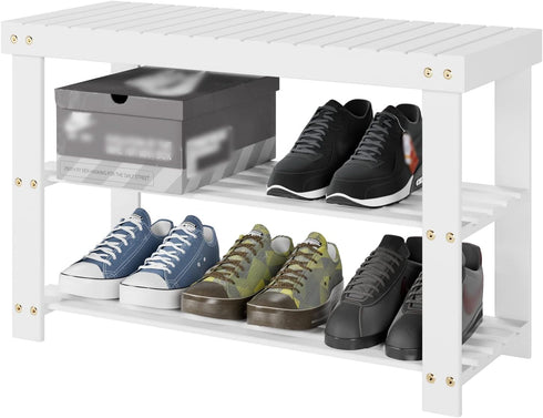 PUPL 3 260 lb, 27.5in 11.2in 17.9in Tier Bamboo Shoe Bench, Entryway Bench Shoe Rack Organizer for Bedroom Living Room