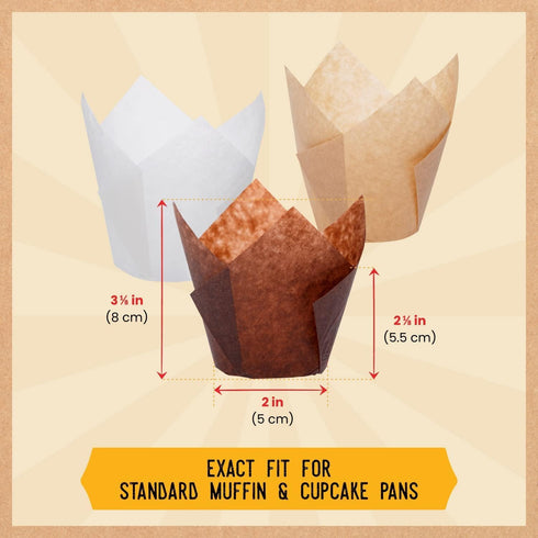 Tulip Cupcake Liners - 200pcs Muffin Liners for Baking, Sturdy, Greaseproof, Easy to Use, Beige White Brown