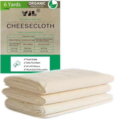 YJL Cheesecloth, 54 Sq Ft, 100% Cotton, Grade 90 Unbleached, Fine Cheesecloth for Cooking, Straining, Canning