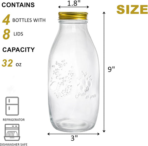 4 Pack 32 oz ZOOFOX Glass Milk Bottle with Lids, Vintage Milk Container for Refrigerator, Glass Juice Bottles, Reusable