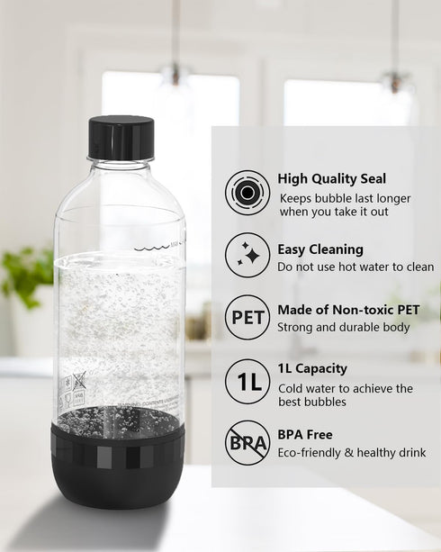 1 2 Pack, (1L) (1L) Soda Maker Bottle, Litre Reusable BPA Free Sparkling Water Bottles, Reusable Carbonating Bottles