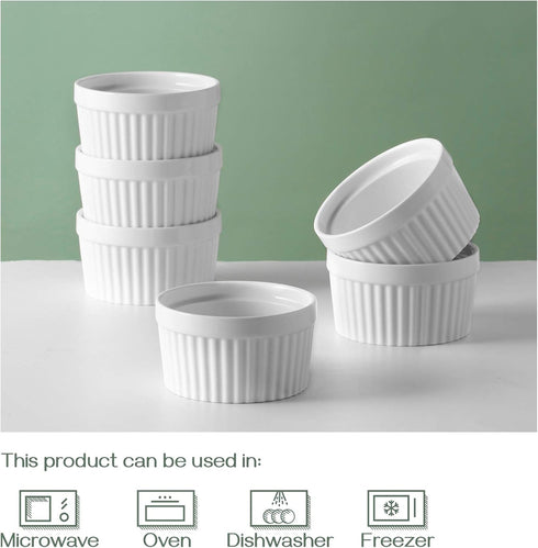 DOWAN 10 oz Ramekins Set of 6, Porcelain Oven Safe Ramekins for Baking, Souffle Bowls, Classic Style