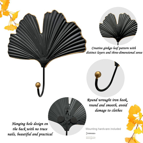 2pcs Modern Iron Single Hooks, Leaf Decoration Style for Wall Mounted Coats, Hats, Handbags, Home Decor (6in Black)
