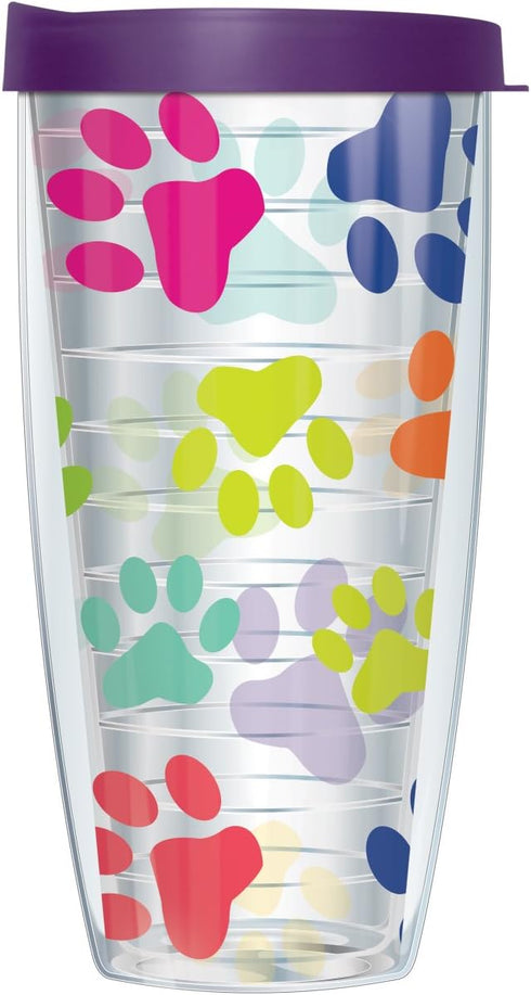 Colorful Paw Prints Tumbler Cup, 22 Oz with Clear Wrap & Eggplant Purple Lid, Thermal Insulated, BPA Free
