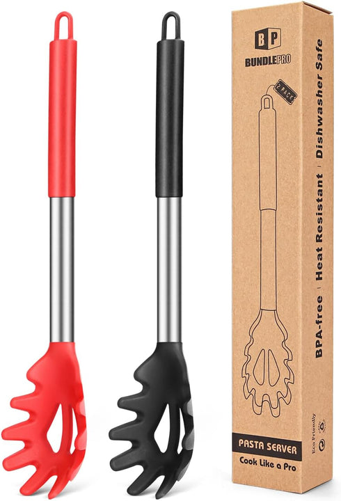 Kitchen Heat Resistant Silicone Pasta Fork, Pack of 2 Noodle Spoon Server, BPA Free Spaghetti Strainer, Best Cooking