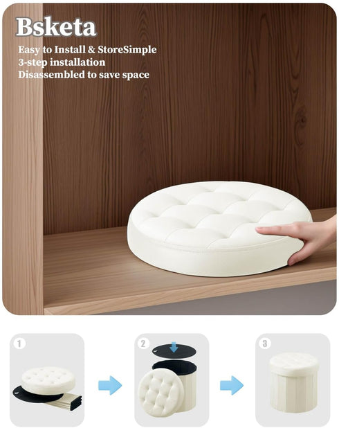 15Inch, Bsketa Folding Storage Ottoman Round Foot Stool with Thicker Foam Padded Seat Small Velvet Storage Ottoman