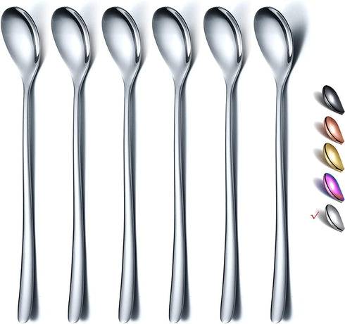 Long Handle Premium Stainless Steel Spoon Set of 6, Coffee Stirrers, Ice Tea, Ice Cream, Cocktail Spoons