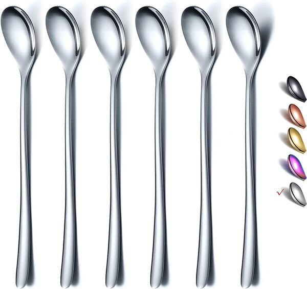 Long Handle Premium Stainless Steel Spoon Set of 6, Coffee Stirrers, Ice Tea, Ice Cream, Cocktail Spoons