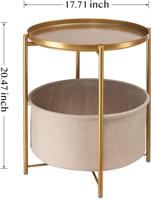 danpinera Round Side Table with Fabric Storage Basket, Metal Side Small Bedside Table Nightstand with Removable Tray