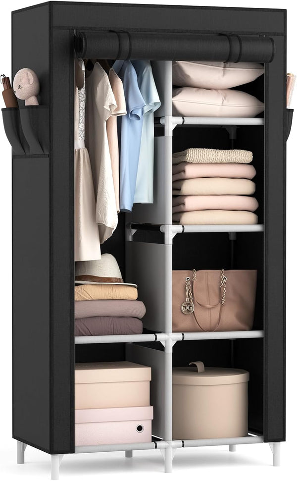 ROJASOP Portable Closet Wardrobe for Hanging Clothes, 6 Storage Shelves, 1 Hanging Rod, Free Standing Organizer