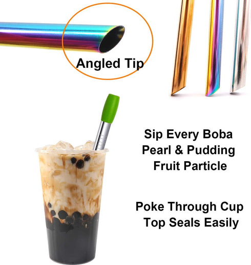Boba Straws Reusable Metal Smoothies Jumbo Bubble Tea Straws with Silicone Tips Carry Bag (4 Pack)