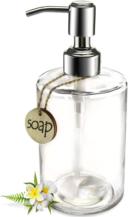 JASAI 16OZ Cylinder Glass Soap Dispenser | Rust Proof Stainless Steel Pump for Hand Soap, Kitchen