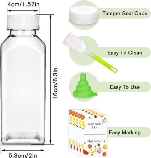 Leaflai 6 12oz Plastic Juice Bottles with Caps pcs - Reusable Juice Containers with Tamper Proof Lids White - Clear