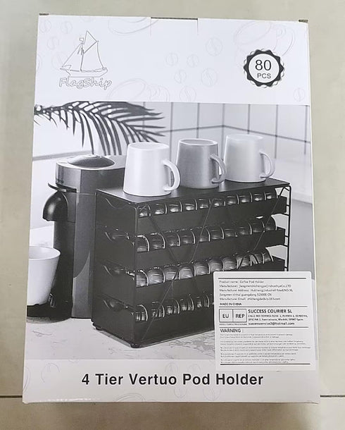 FlagShip Nespresso Pod Holder Drawer, Large Multi-Tier Coffee Pod Holder for Vertuo (4 Tier, 80 Pods Capacity)