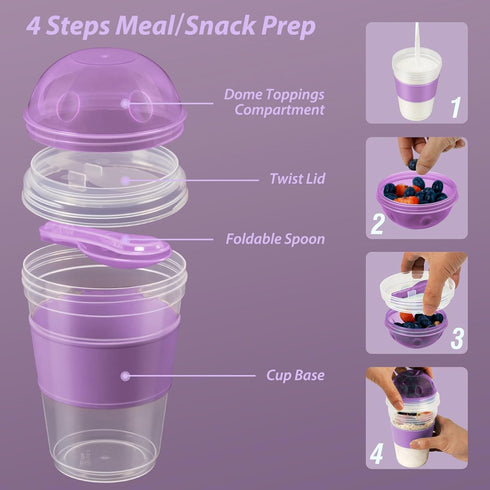 4 Pack 20 oz Freshmage Yogurt Parfait Cups with Lids, Reusable Overnight Oats Containers with Lids, Folding Spoons