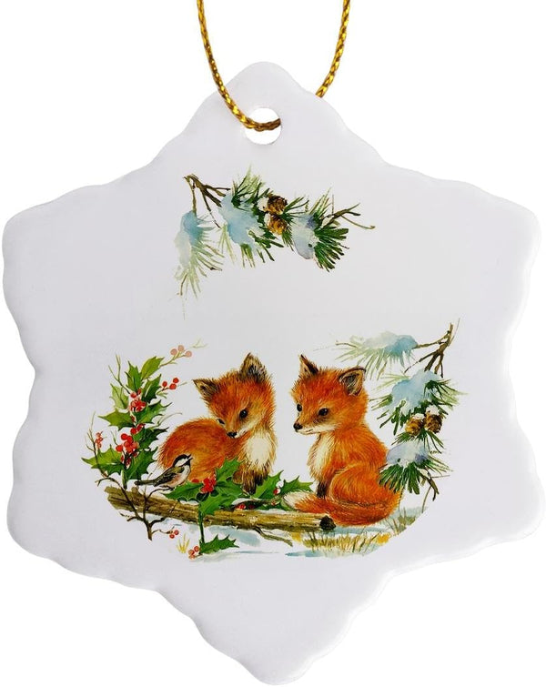 3D Rose Cute Vintage Foxes in Winter Forest Snowflake Porcelain Ornament, 3"